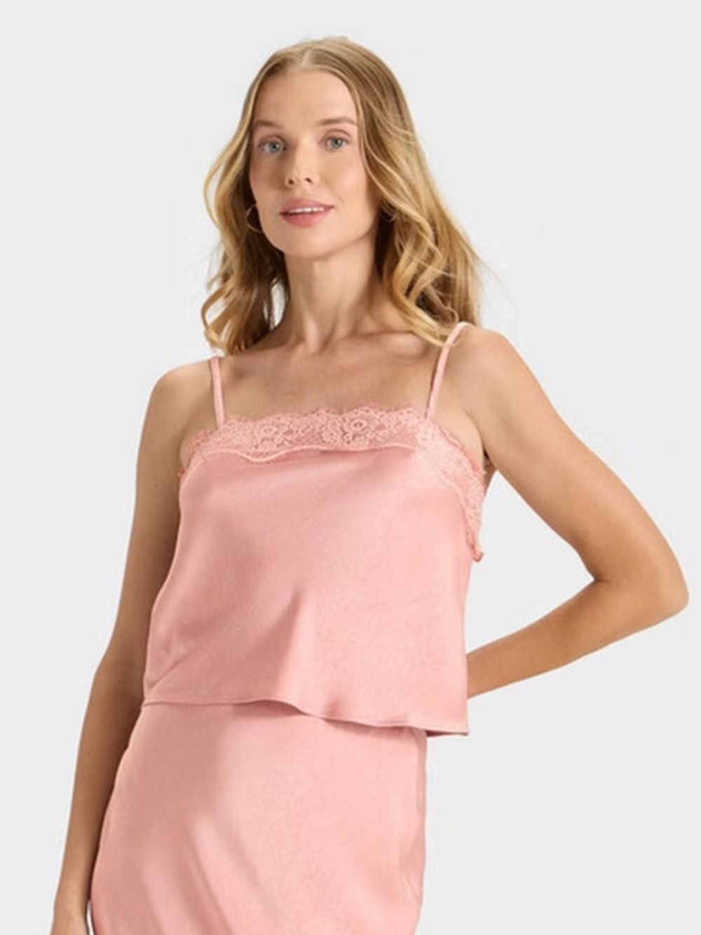 A New Day Mauve Pink Lace Trim Satin Spaghetti Strap Blouse